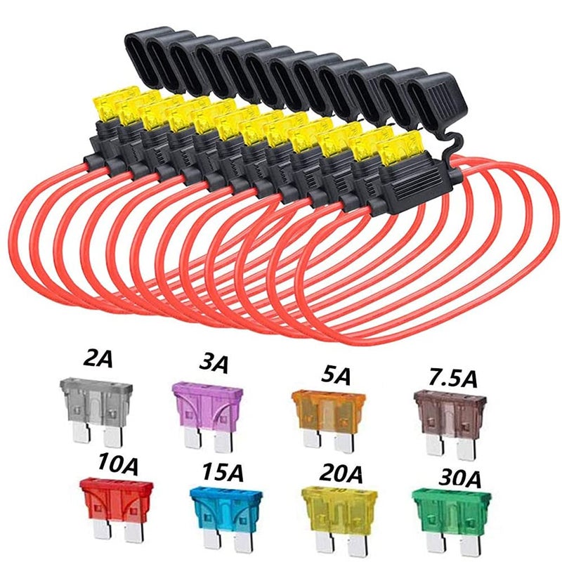 Elefama 14 Gauge Inline Fuse Holder 12V-DC ATC/ATO 12Pcs Blade Fuse Holders kit with 60 Pcs Standard Car Fuses 14 AWG Wiring Harness Waterproof Pigtail for Fuses 2A 3A 5A 7.5 A 10A 15A 20A 30A - Image 1